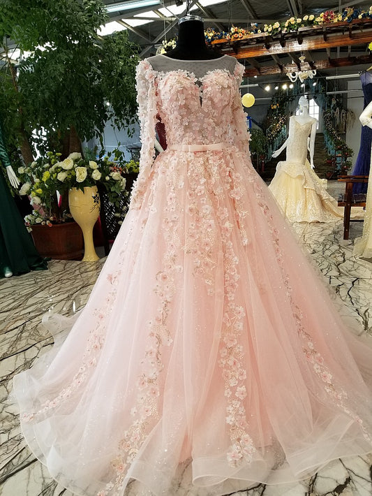 long sleeves pink evening dress A-line illusion lace up keyhole back simple formal party dress with flowers and beadings - LiveTrendsX