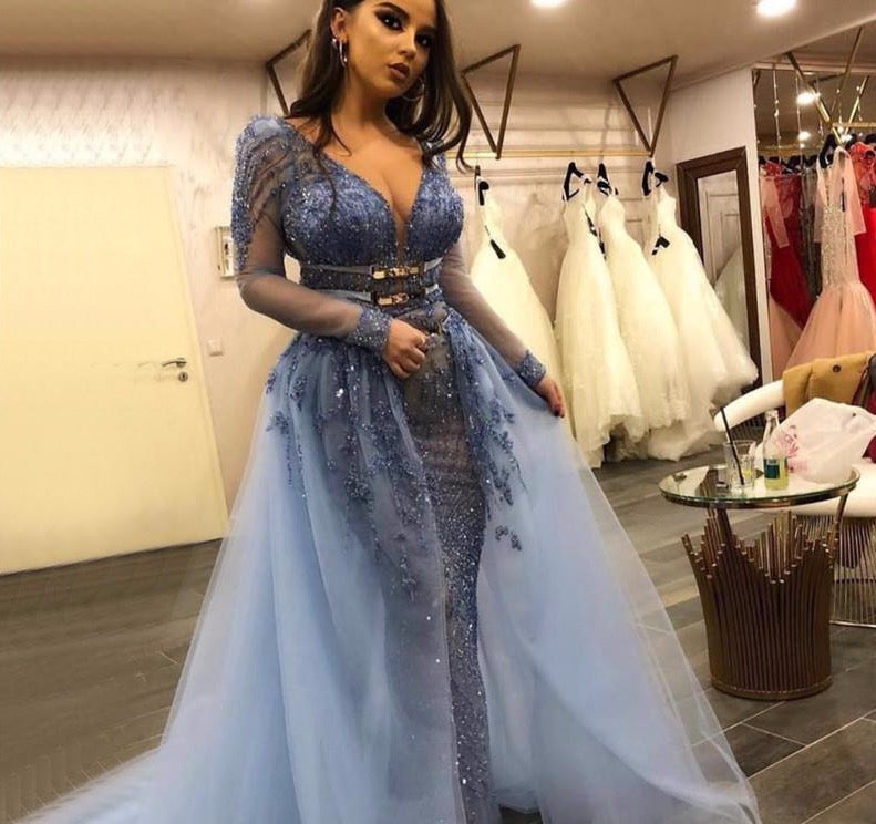 Blue Dubai Sequined Sparkle Evening Dresses 2020 Long Sleeve Beading Mermaid Evening Gowns - LiveTrendsX