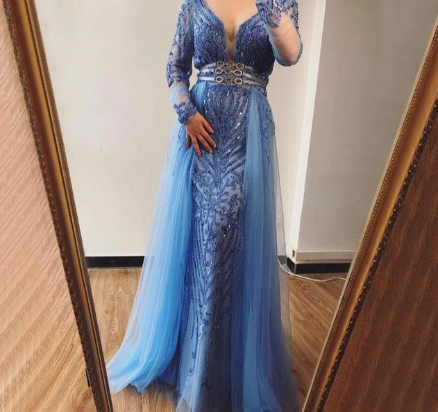 Blue Dubai Sequined Sparkle Evening Dresses 2020 Long Sleeve Beading Mermaid Evening Gowns - LiveTrendsX