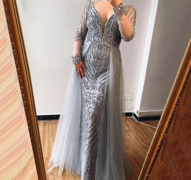 Blue Dubai Sequined Sparkle Evening Dresses 2020 Long Sleeve Beading Mermaid Evening Gowns - LiveTrendsX