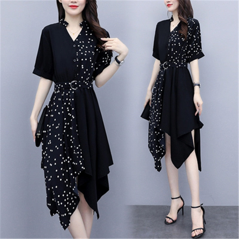 new temperament Slim large size L-5XL irregular wave point stitching sexy V-neck dress - LiveTrendsX