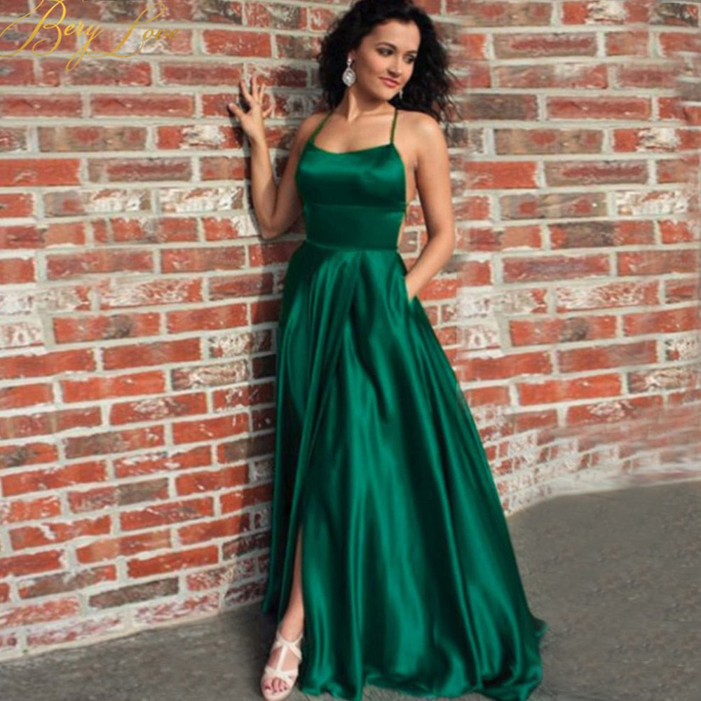 Sexy Dark Green Satin Evening Dress Slit Backless Prom Dress Halter Straps Back Evening Gowns Party Dress - LiveTrendsX