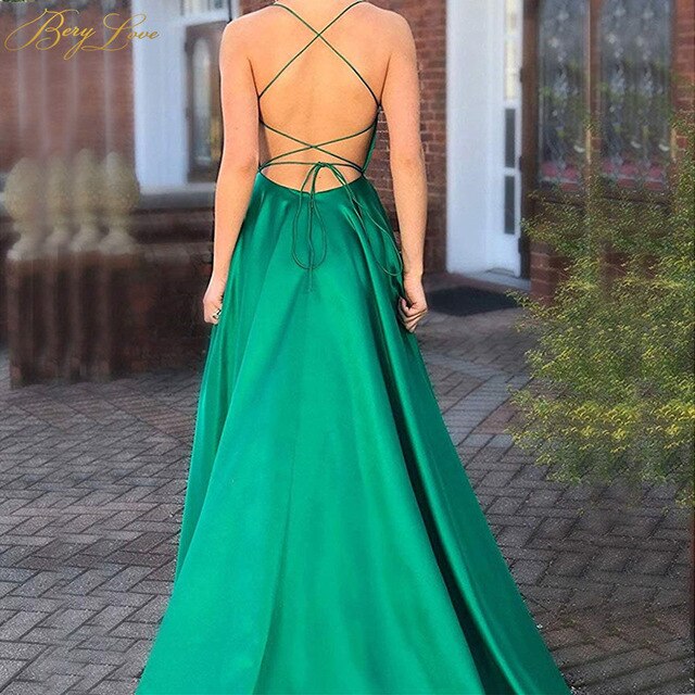 Sexy Dark Green Satin Evening Dress Slit Backless Prom Dress Halter Straps Back Evening Gowns Party Dress - LiveTrendsX