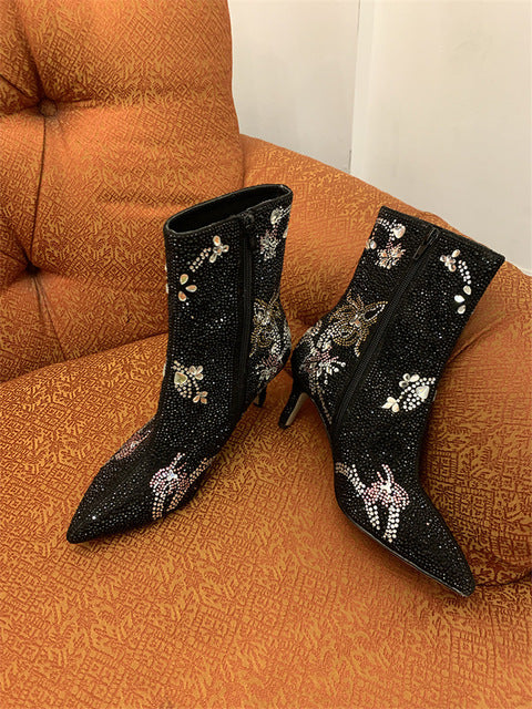 Floral Print Rhinestone Boots Women Short Ankle Boots Pointed Toe High Heels 2020 Spring Fashion Ladies Shoes - LiveTrendsX