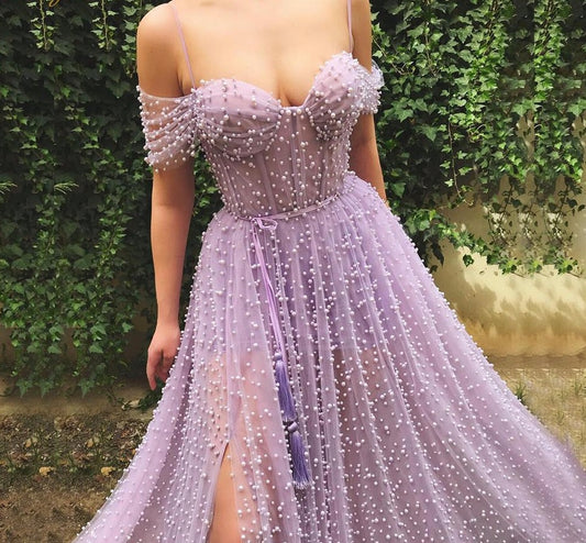 Purple Pearls Evening Dress 2020 Formal Dresses Shor Sleeves Open Back Slit A line Prom Elegant Dress Gown Long Dress Evening - LiveTrendsX