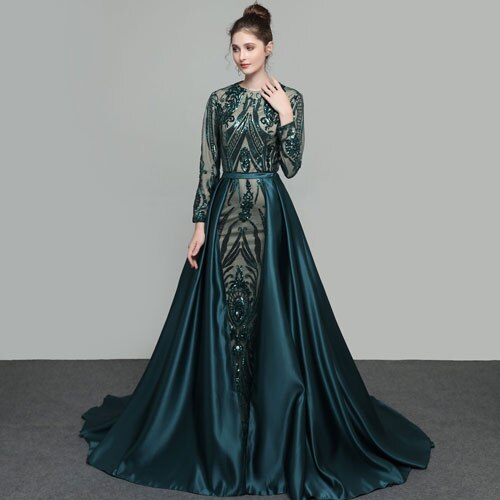 Hot sale Elegant Muslim Green Long Sleeves Evening Dresses With Detachable Train Sequin Bling Moroccan Kaftan Formal Party Gown - LiveTrendsX