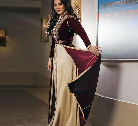 Moroccan Caftans Burgundy Formal Dress A-line Long Sleeve Evening Gowns Floor-Length Velour Vintage Party Dress with Embroidery - LiveTrendsX