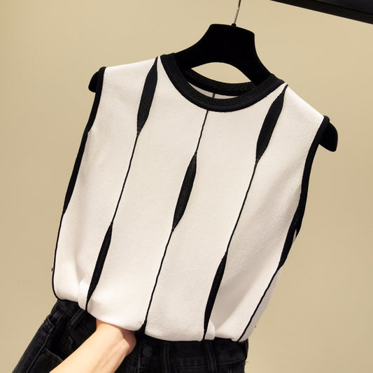 Loose thin patchwork striped knitted tank top women Ice silk sleeveless slim tops summer 2020 black white new arrival - LiveTrendsX