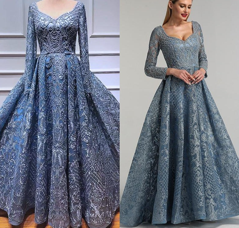 Dubai Blue Luxury Long Sleeves Evening Dresses 2020 Lace V-Neck Crystal A-Line Evening Gowns - LiveTrendsX