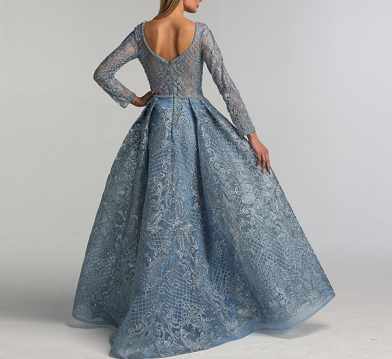 Dubai Blue Luxury Long Sleeves Evening Dresses 2020 Lace V-Neck Crystal A-Line Evening Gowns - LiveTrendsX