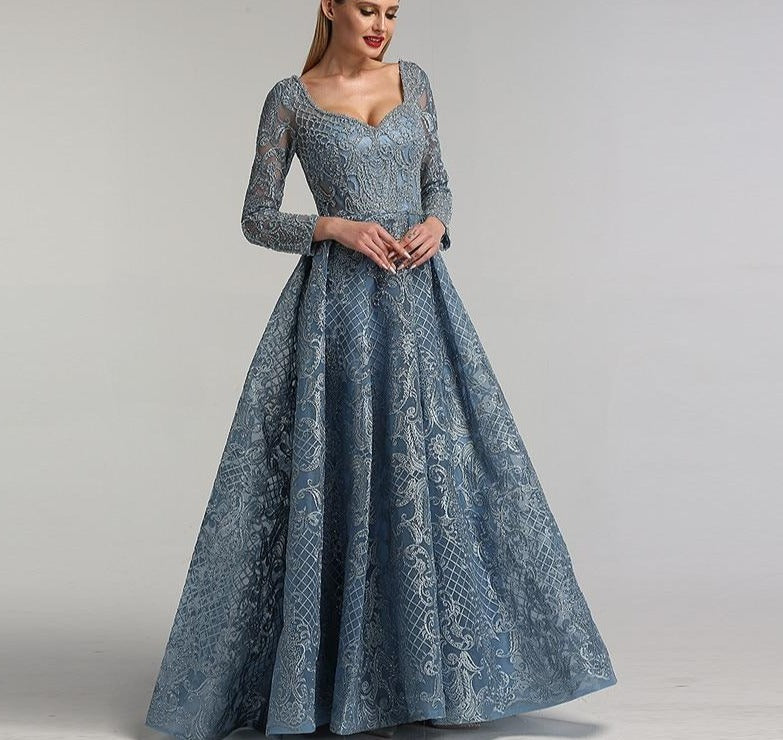 Dubai Blue Luxury Long Sleeves Evening Dresses 2020 Lace V-Neck Crystal A-Line Evening Gowns - LiveTrendsX