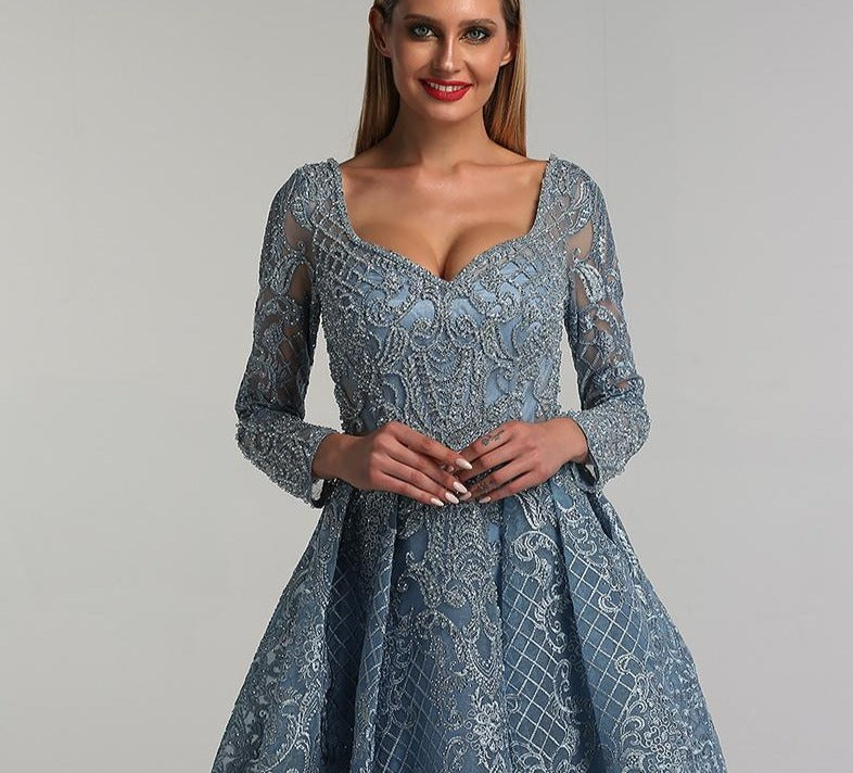 Dubai Blue Luxury Long Sleeves Evening Dresses 2020 Lace V-Neck Crystal A-Line Evening Gowns - LiveTrendsX