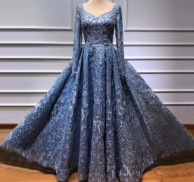 Dubai Blue Luxury Long Sleeves Evening Dresses 2020 Lace V-Neck Crystal A-Line Evening Gowns - LiveTrendsX