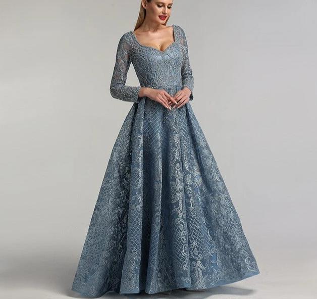 Dubai Blue Luxury Long Sleeves Evening Dresses 2020 Lace V-Neck Crystal A-Line Evening Gowns - LiveTrendsX