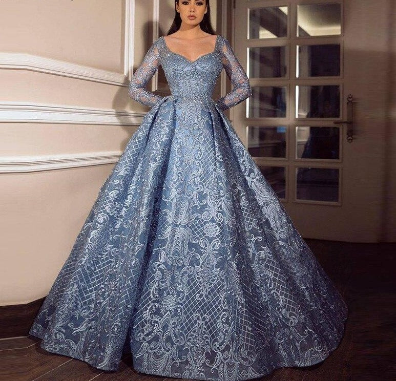 Dubai Blue Luxury Long Sleeves Evening Dresses 2020 Lace V-Neck Crystal A-Line Evening Gowns - LiveTrendsX