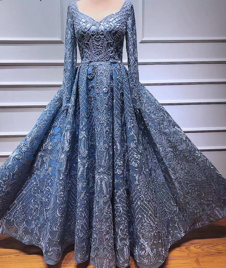 Dubai Blue Luxury Long Sleeves Evening Dresses 2020 Lace V-Neck Crystal A-Line Evening Gowns - LiveTrendsX