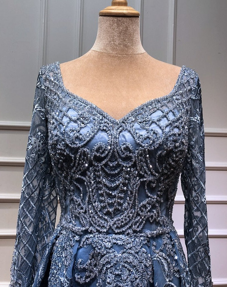 Dubai Blue Luxury Long Sleeves Evening Dresses 2020 Lace V-Neck Crystal A-Line Evening Gowns - LiveTrendsX