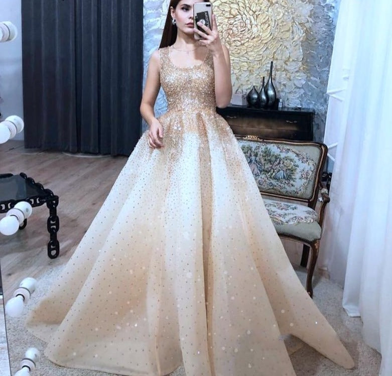 Dubai Champange Full Crystal A-Line Evening Dresses Design Sleeveless Luxury Sexy Evening Gowns - LiveTrendsX