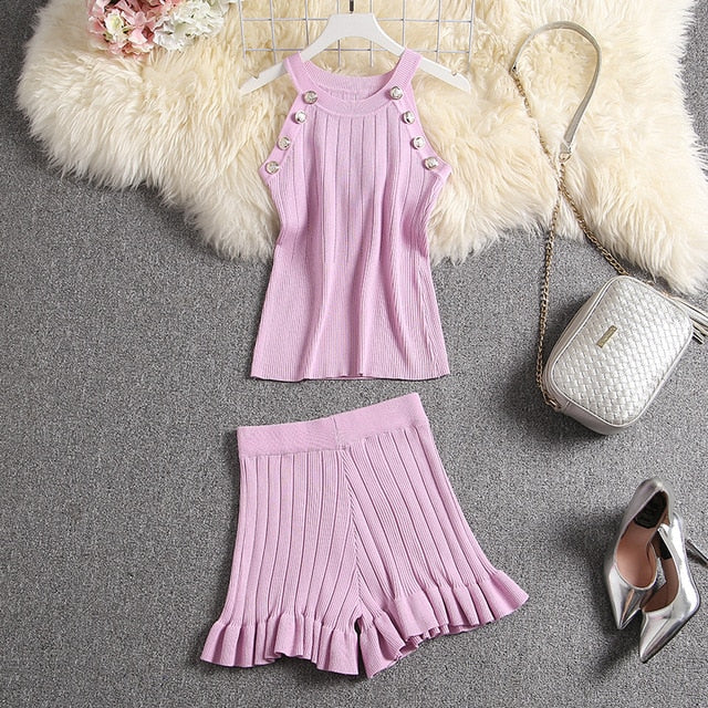 Popular Button Tank Top Shorts Set