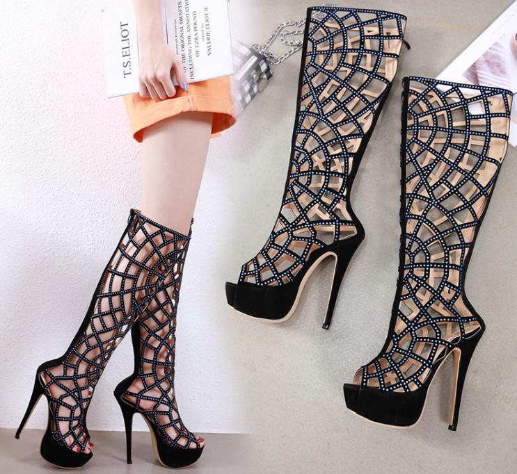 fashion women Hollowed-out rhinestone boots with heels above the knee - LiveTrendsX