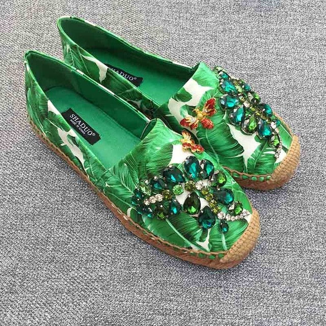 women genuine leather Banana print rhinestone casual shoes flat fisherman shoes loafers - LiveTrendsX