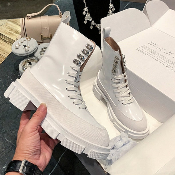 Popular Designer INS Fashion Boots Women White Cow Leather Motorcycle Boots Chunky Sole Mid-calf Long Boots - LiveTrendsX