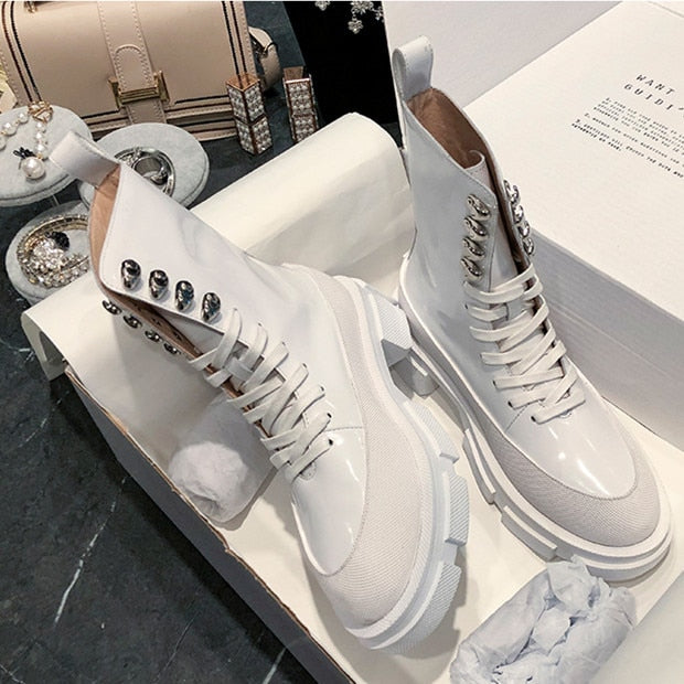 Popular Designer INS Fashion Boots Women White Cow Leather Motorcycle Boots Chunky Sole Mid-calf Long Boots - LiveTrendsX