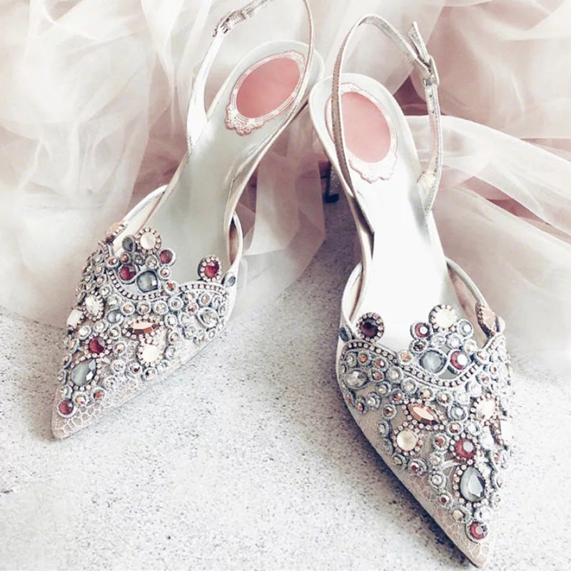 Handmade Wedding Shoes Crystal Bling Lace Elegant Women Pumps Women Thin High Heels Point toe Bridal Pumps Stiletto - LiveTrendsX