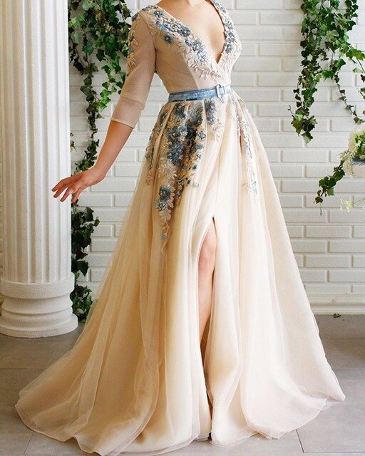 Half Sleeve Champagne Evening Dresses 2020 Elegant Split Evening Gowns Long Formal Dress Prom Gown For Woman - LiveTrendsX