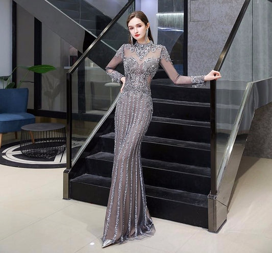 Dark Gray Long Sleeve Dubai Evening Dresses High Neck Luxury Beading Mermaid Evening Gowns 2020 New Styles Formal Dress - LiveTrendsX