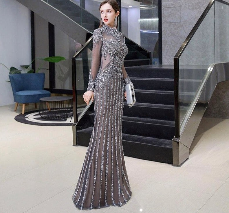 Dark Gray Long Sleeve Dubai Evening Dresses High Neck Luxury Beading Mermaid Evening Gowns 2020 New Styles Formal Dress - LiveTrendsX