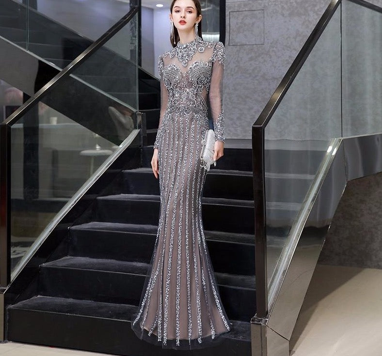 Dark Gray Long Sleeve Dubai Evening Dresses High Neck Luxury Beading Mermaid Evening Gowns 2020 New Styles Formal Dress - LiveTrendsX