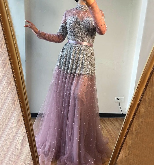 Latest Design Pink High Collar Evening Dress 2020 Long Sleeves Sequined Sexy Formal Party Gown - LiveTrendsX