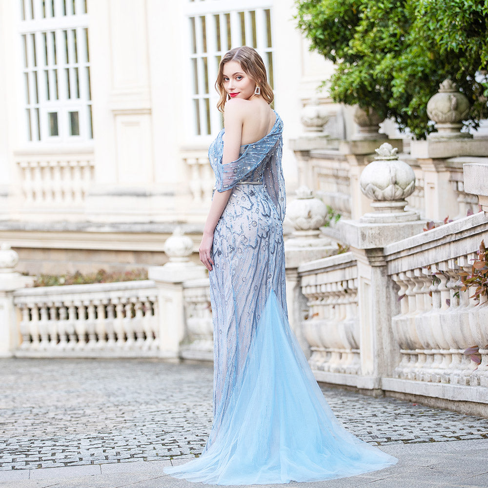 Fashion Blue One Shoulder Evening Dress Long Sleeve Embroidered Rhinestones Evening Gown Competition Slit Left - LiveTrendsX