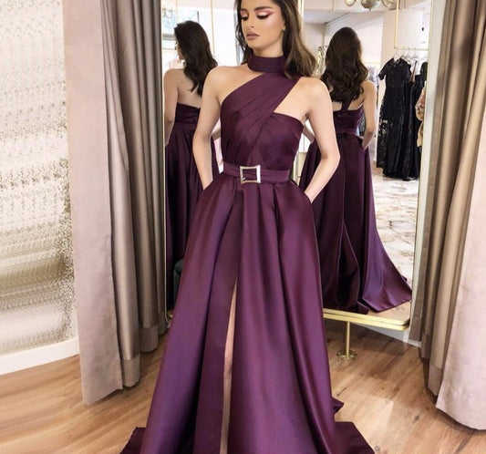 Purple One Shoulder Sexy Satin Evening Dresses 2020 High Neck Ruched Simple Evening Gowns Long - LiveTrendsX