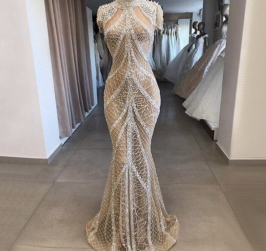 Champagne Mermaid Short Sleeves Evening Dresses 2020 Dubai Luxury Sequined Evening Gowns Design - LiveTrendsX