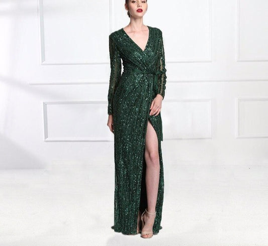 Fashion V-Neck Sleeping Style Green Evening Dress 2020 Beading Diamond Long Sleeves Formal Party Gown - LiveTrendsX