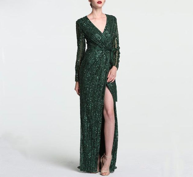 Fashion V-Neck Sleeping Style Green Evening Dress 2020 Beading Diamond Long Sleeves Formal Party Gown - LiveTrendsX