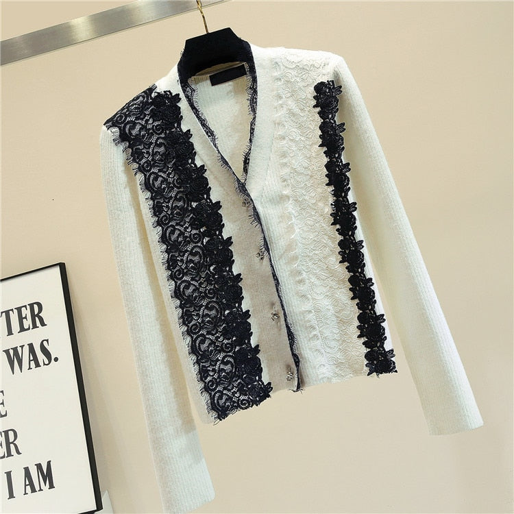 new arrivals lace floral patchwork cardigan women long sleeve v-neck 2colors - LiveTrendsX