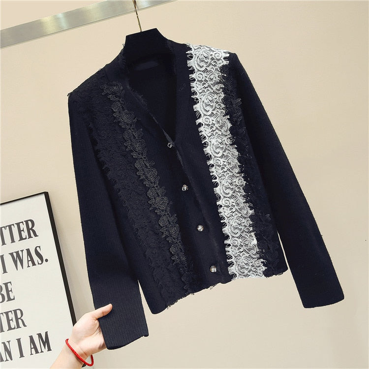 new arrivals lace floral patchwork cardigan women long sleeve v-neck 2colors - LiveTrendsX