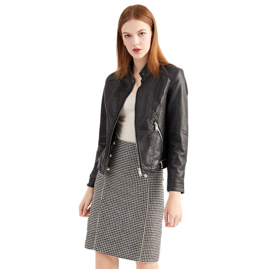 vintage matte grey leather jacket women wool inner winter suede stand collar motor biker coat cool girl fashion - LiveTrendsX