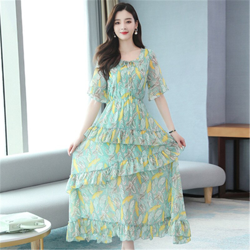 summer new chiffon dress popular floral fairy sensation femininity long section O-neck short-sleeved dress female - LiveTrendsX