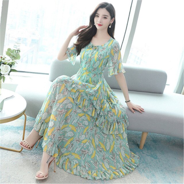 summer new chiffon dress popular floral fairy sensation femininity long section O-neck short-sleeved dress female - LiveTrendsX