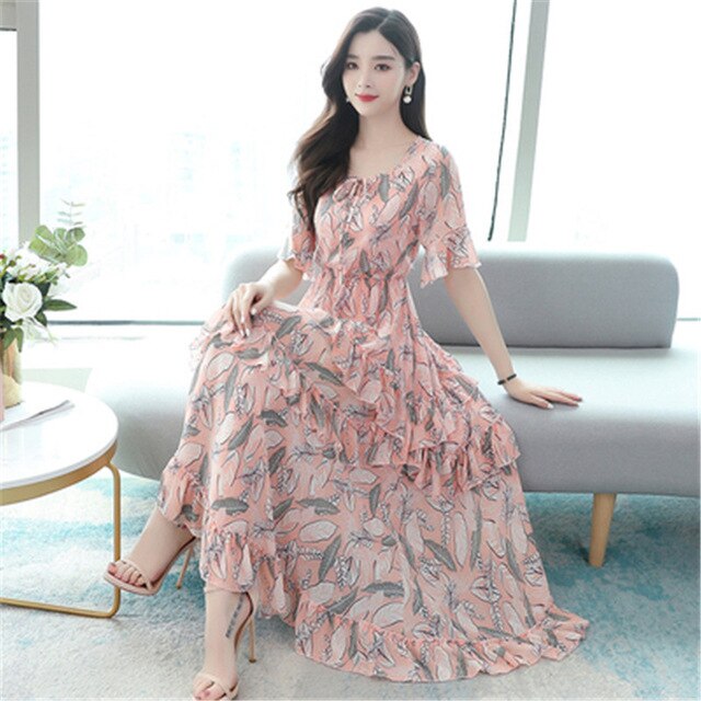 summer new chiffon dress popular floral fairy sensation femininity long section O-neck short-sleeved dress female - LiveTrendsX