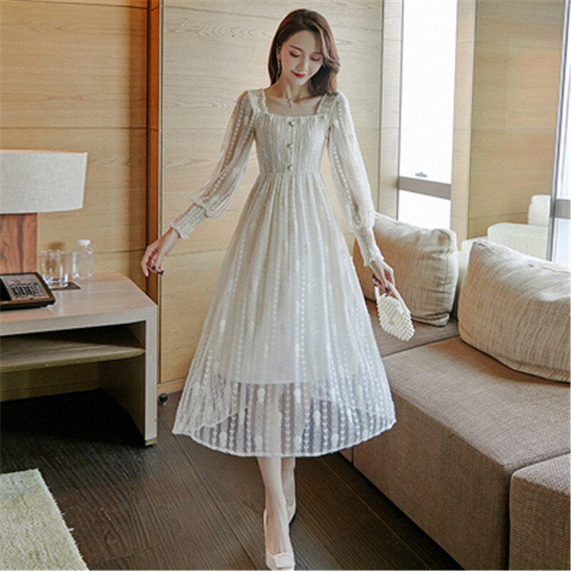 Real shot spring and autumn new square collar French palace retro fairy small fragrance wind long-sleeved lace dress - LiveTrendsX