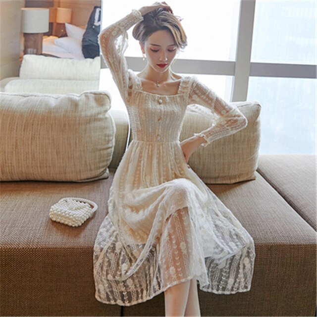 Real shot spring and autumn new square collar French palace retro fairy small fragrance wind long-sleeved lace dress - LiveTrendsX