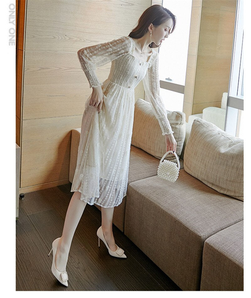 Real shot spring and autumn new square collar French palace retro fairy small fragrance wind long-sleeved lace dress - LiveTrendsX