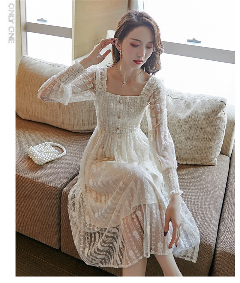 Real shot spring and autumn new square collar French palace retro fairy small fragrance wind long-sleeved lace dress - LiveTrendsX