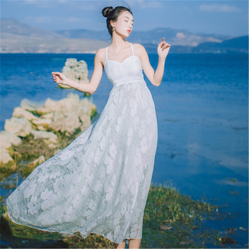 Lace embroidered long dress fashion temperament solid color lace mid-length sleeveless long dress - LiveTrendsX