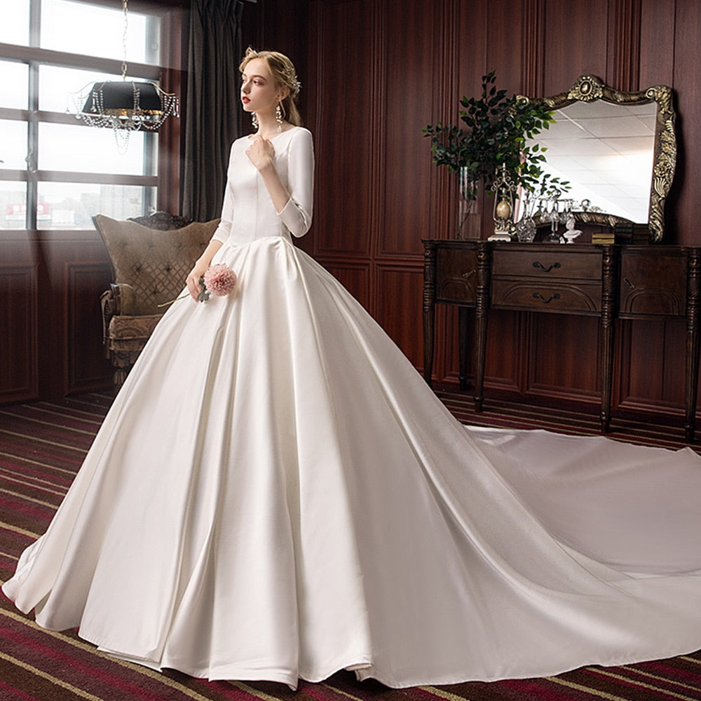 Best France Satin Ball Gown Wedding Dresses Three Quarter Sleeve  O-neck Zipper Up Simple Bridal Dress Gelinlik - LiveTrendsX